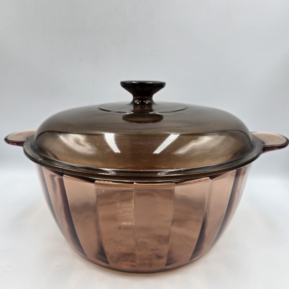 Vtg Vision Corning Ware Pyrex Amber 4.5L 5qt Glass Dutch Oven Stock Pot Lid Usa